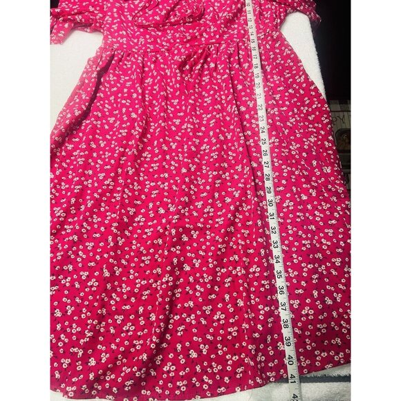 Bloomchic Rose Red Floral Dress Tie v-neck Pockets Below Knee Flare Sleeves 12 - Picture 5 of 6
